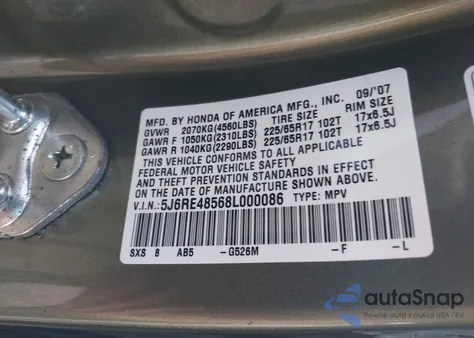 2008 Honda Cr-V Ex z USA, uszkodzony, nr VIN 5J6RE48568L000086
